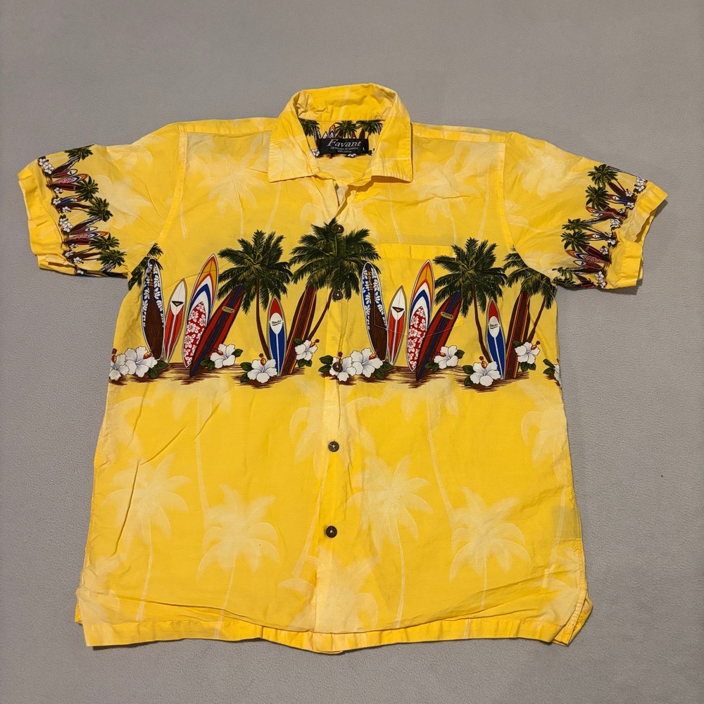 Favant Hawaii Button Up Shirts Mens‎ Large Yellow Surfboard Palm Tree Tropical